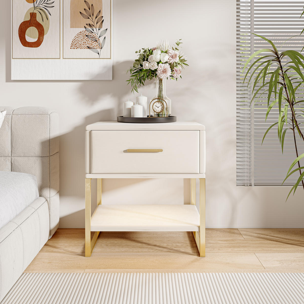 NACHTTISCH 2er Set Samt LED 1 Schublade beige - Beige, Holz (31/50/40cm) - LEBENLANG