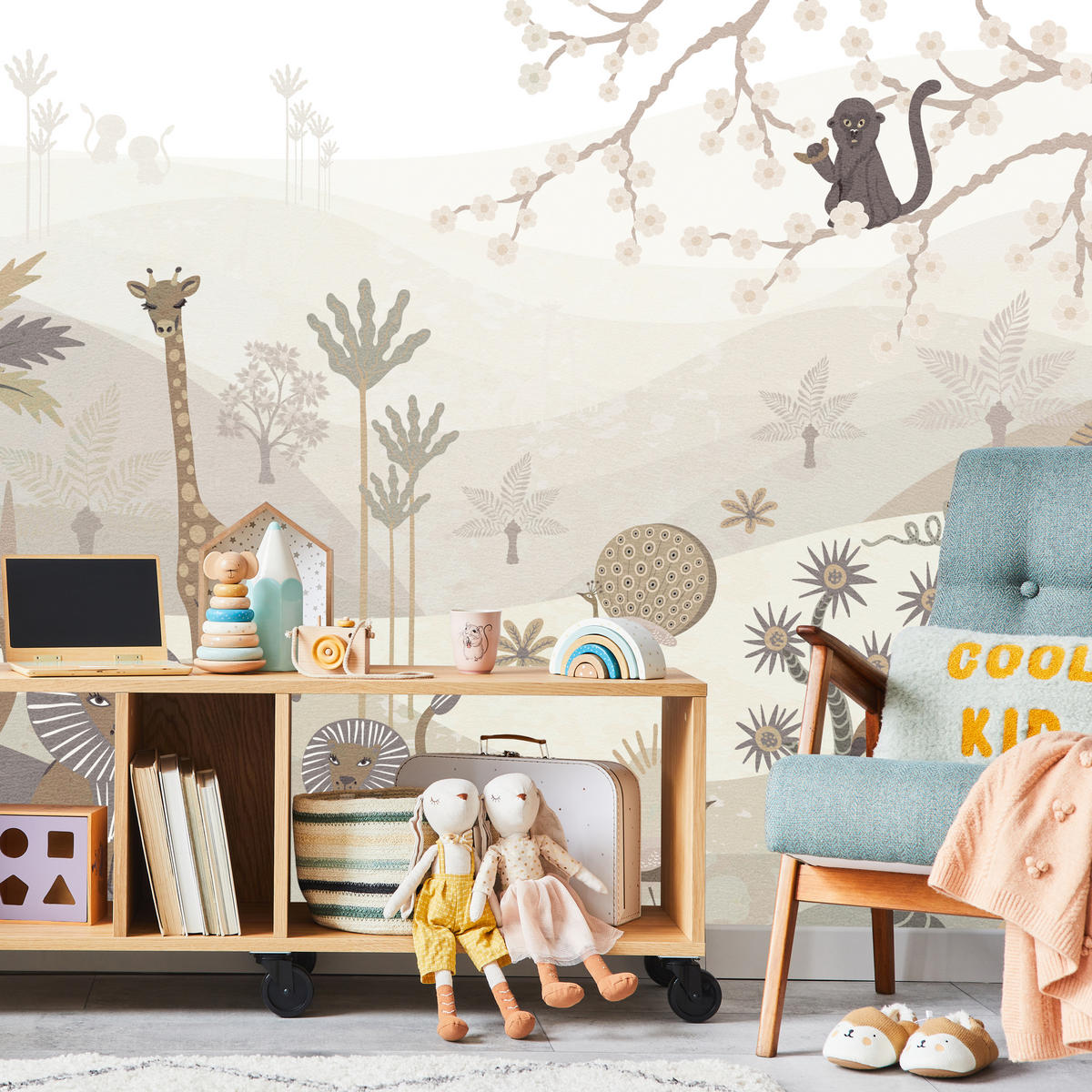 FOTOTAPETE für Kinderzimmer Safari Wilde Tiere Dschungel Boho Palmen Giraffe 500x350 - Beige/Creme, Papier (500/350cm) - Muralo