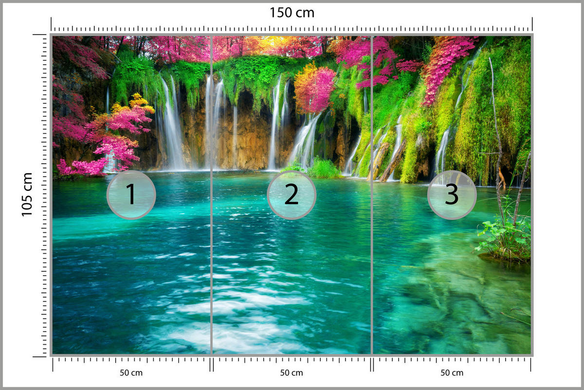FOTOTAPETE für Küche Exotischer Wasserfall Bäume Pflanzen Tropisch 150x105 - Türkis/Violett, Papier (150/105cm) - Muralo