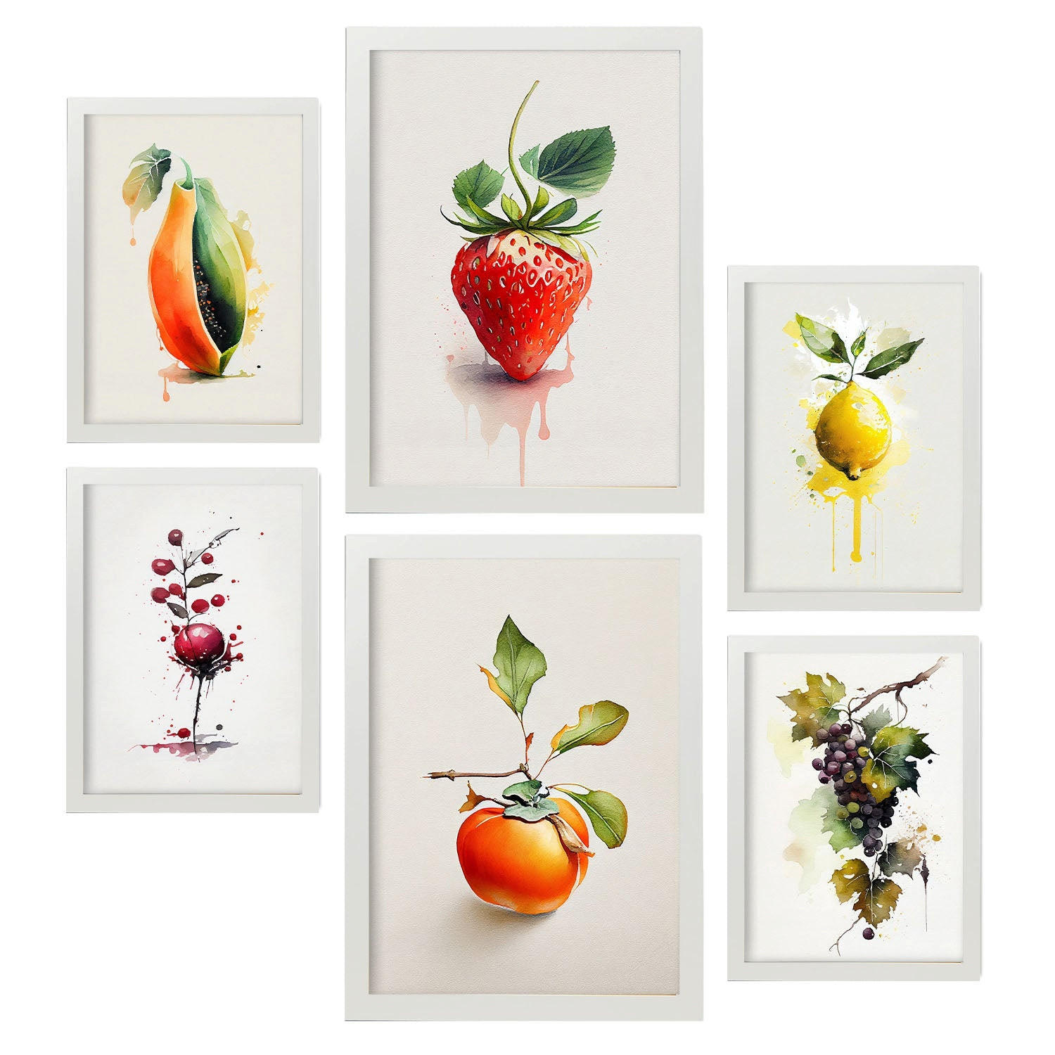 POSTER Set Mit 6 Lebendige Früchte Plakate Von Obst Gemüse & Gesunden Lebensmitteln Im Aquarell Kunst Auf Reinweißen A3 & A4 Weißer Rahmen - Weiß, Papier (29/3cm) - Nacnic