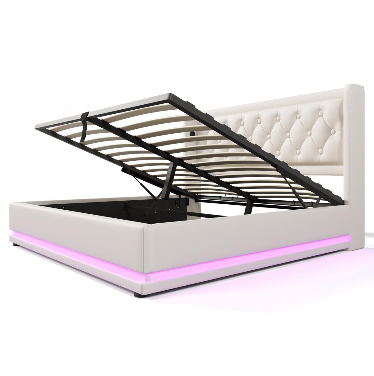 POLSTERBETT mit LED-Beleuchtung 140/200 cm mit Bettkasten, USB-C und gepolstertem Kopfteil - Weiß, Textil (140/200cm) - BEAOK