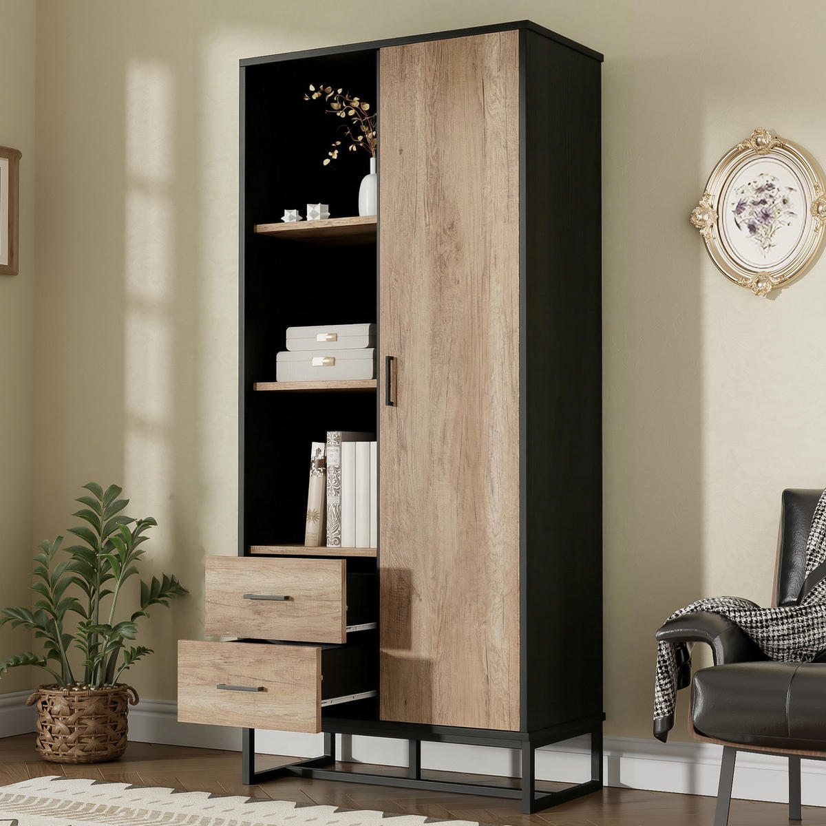 HIGHBOARD mit 1 Tür, 2 Schubladen 80x40x180 cm MDF Schwarz/Holzoptik - Schwarz, Holzwerkstoff (40/180/80cm) - Beauniv