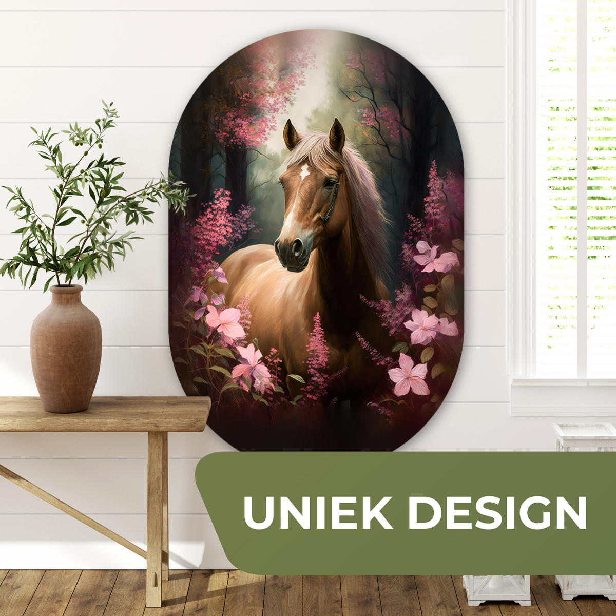 WANDBILD Pferd - Blumen - Rosa - Natur - Wald Deko Groß 80x120 cm - Altrosa, Kunststoff (80/120cm) - MuchoWow