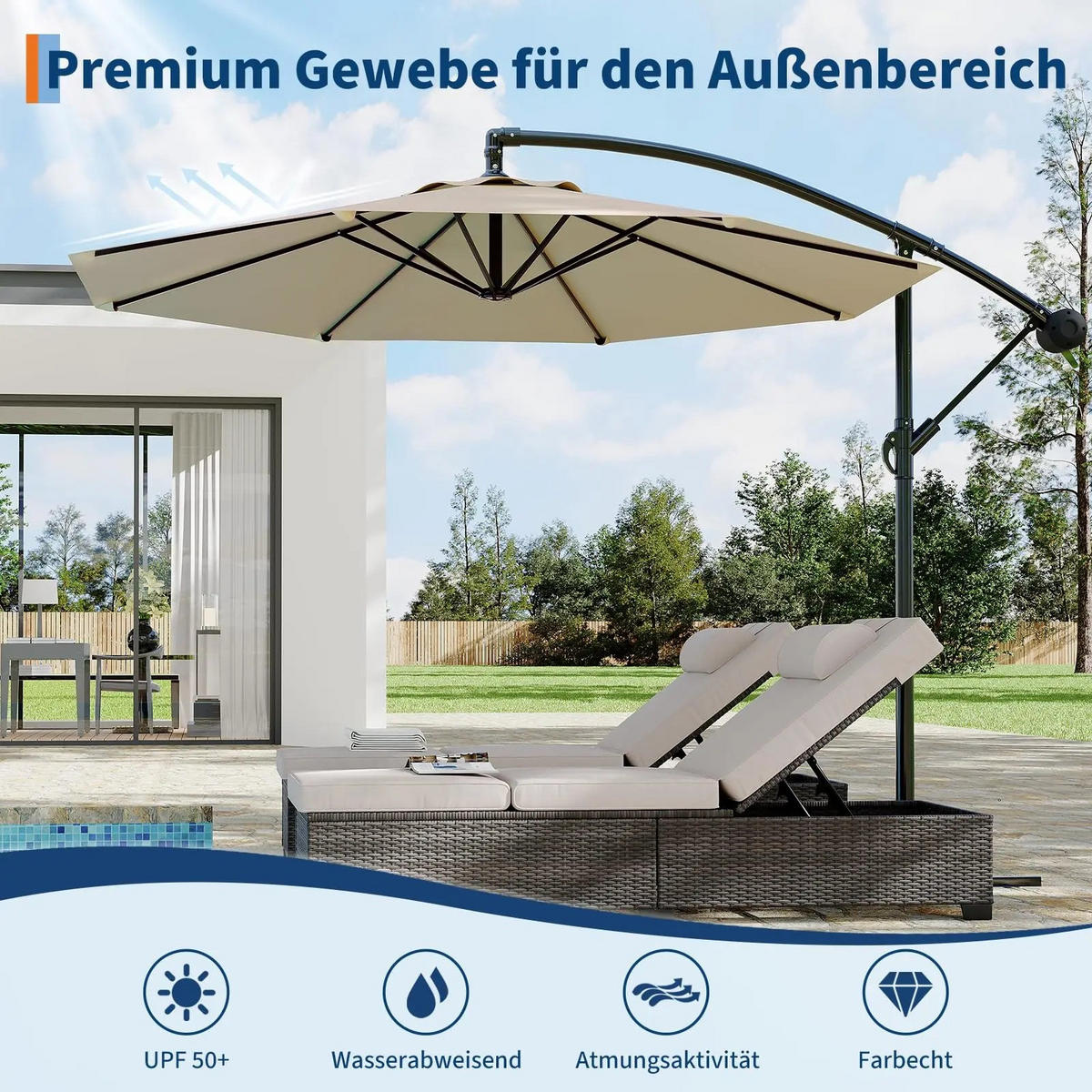 SONNENSCHIRM 300cm Freiarm,360 ° Drehbarer Kurbel- und Neigungsmechanismus - Hellgelb, Textil (300/300cm) - Kaket