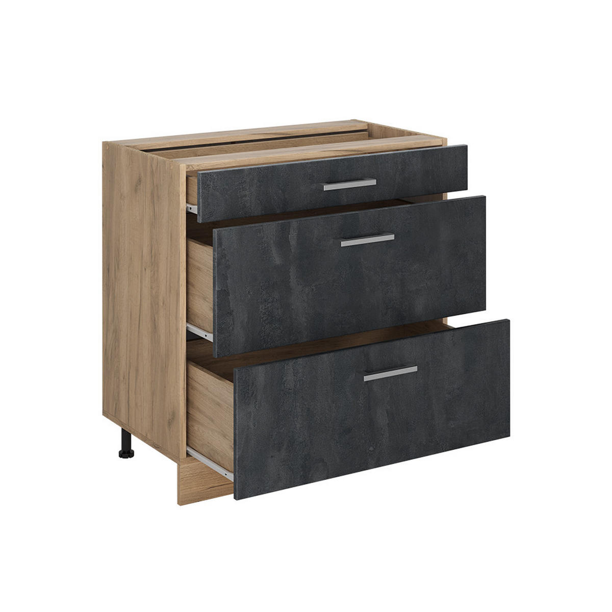 KÜCHENUNTERSCHRANK R-Line, Schwarz Beton/Goldkraft Eiche, 80 cm mit 3 Schubladen Arbeitsplatte Anthrazit - Eichefarben/Schwarz, Holzwerkstoff (80/81.6/60cm) - Vicco