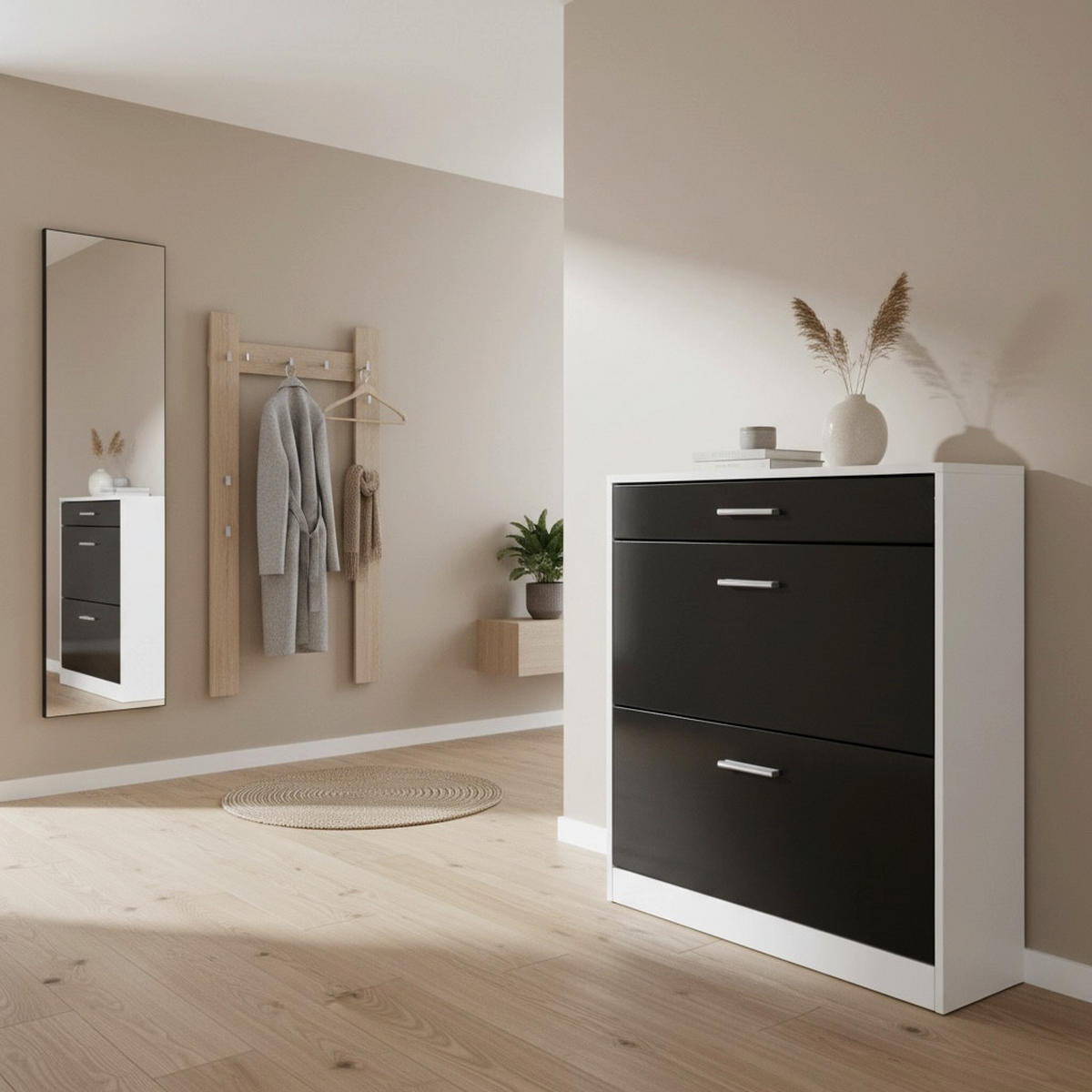 SCHUHSCHRANK Roma Schmal mit 2 Klappen und 1 Schublade, Platzsparender Schuhkipper, Weiß matt/Schwarz matt (89 x 95,5 x 23 cm) - Schwarz, Holzwerkstoff (89/95.5/23cm) - InnoFurn