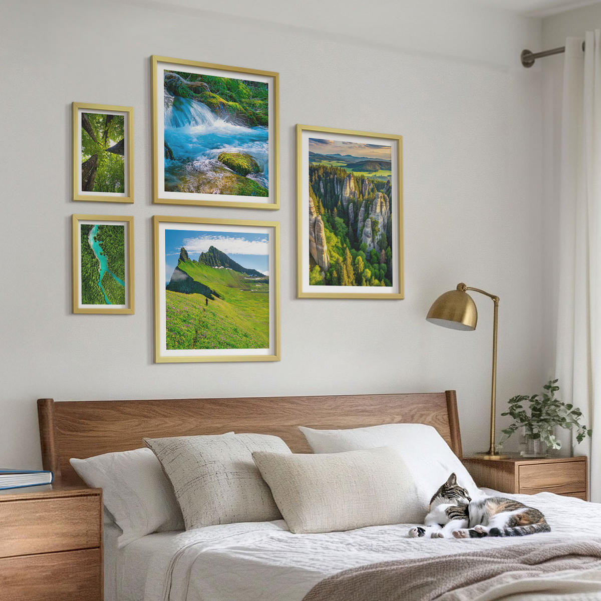 BILDER SET 5er Set - 50x50 cm & 20x30 cm & 40x60 cm Goldrahmen - Wasserfälle grüner Wald Wasser - Goldfarben, Kunststoff (40/60cm) - TULUP
