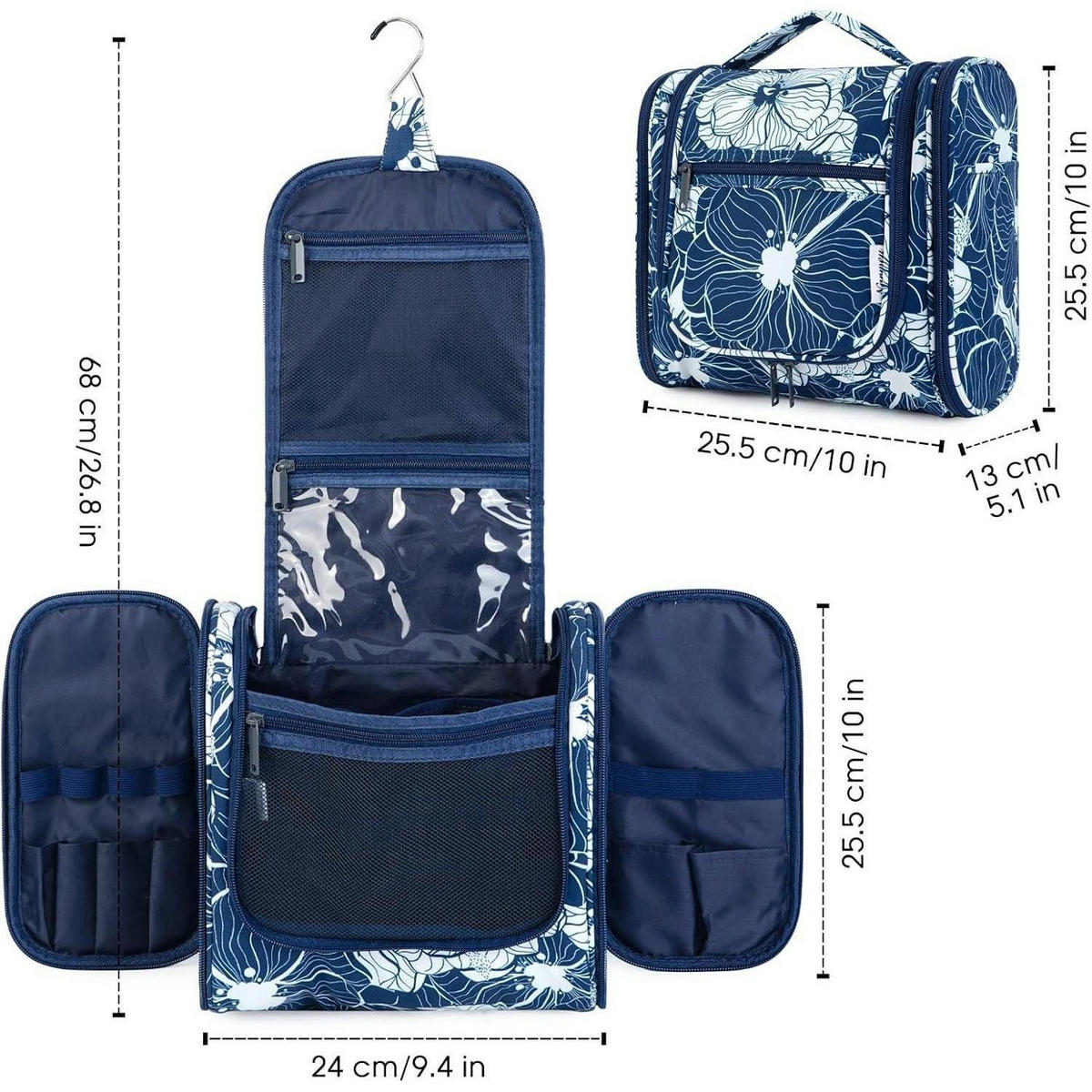 KULTURBEUTEL zum Aufhängen mit Blumenmuster 28 cm - Blau, Textil (5/1/5cm)