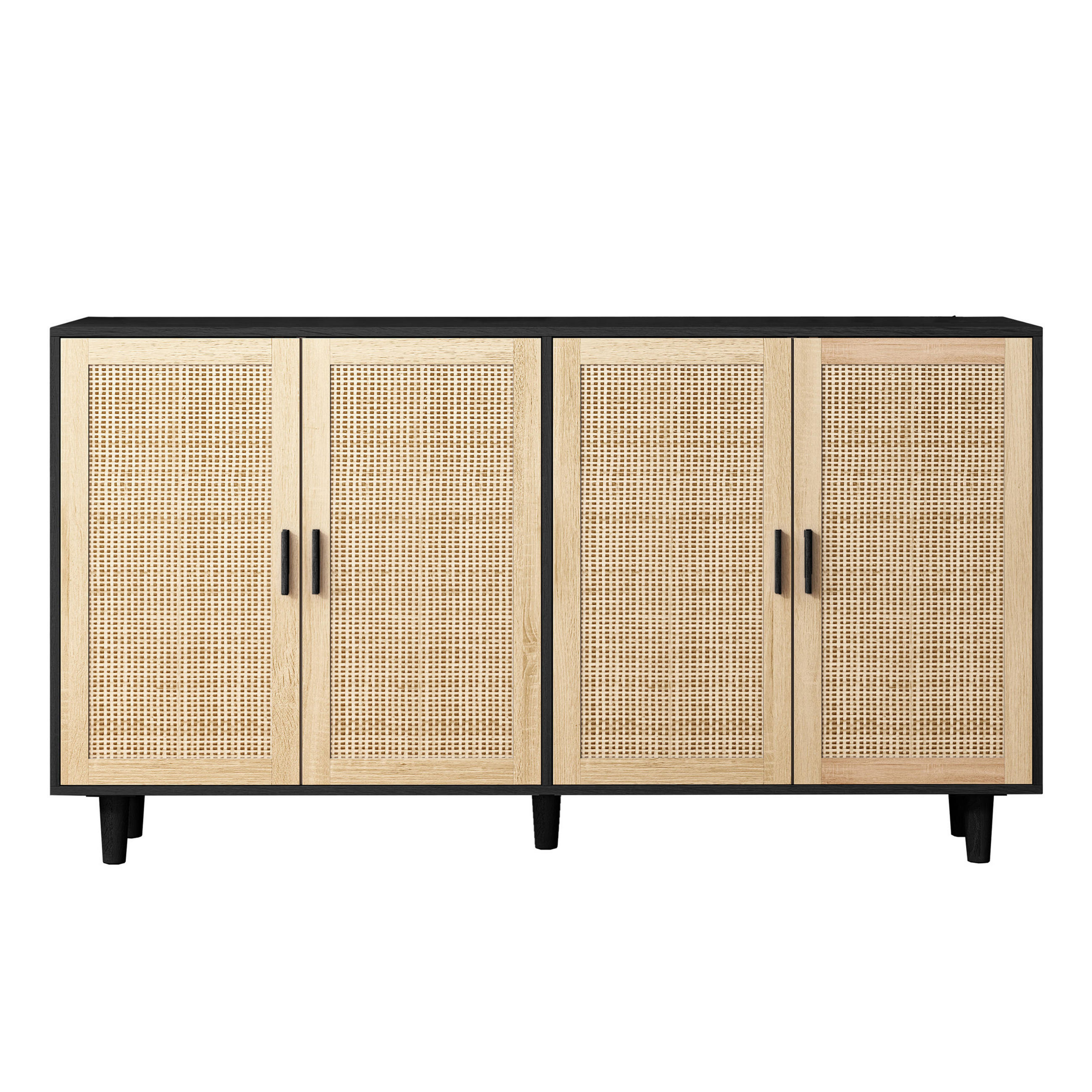 KOMODA dřevěný materiál v černé barvě s ratanovými čely, 4 dvířka - černá, kompozitní dřevo (158/88/40cm) - Urban Meuble
