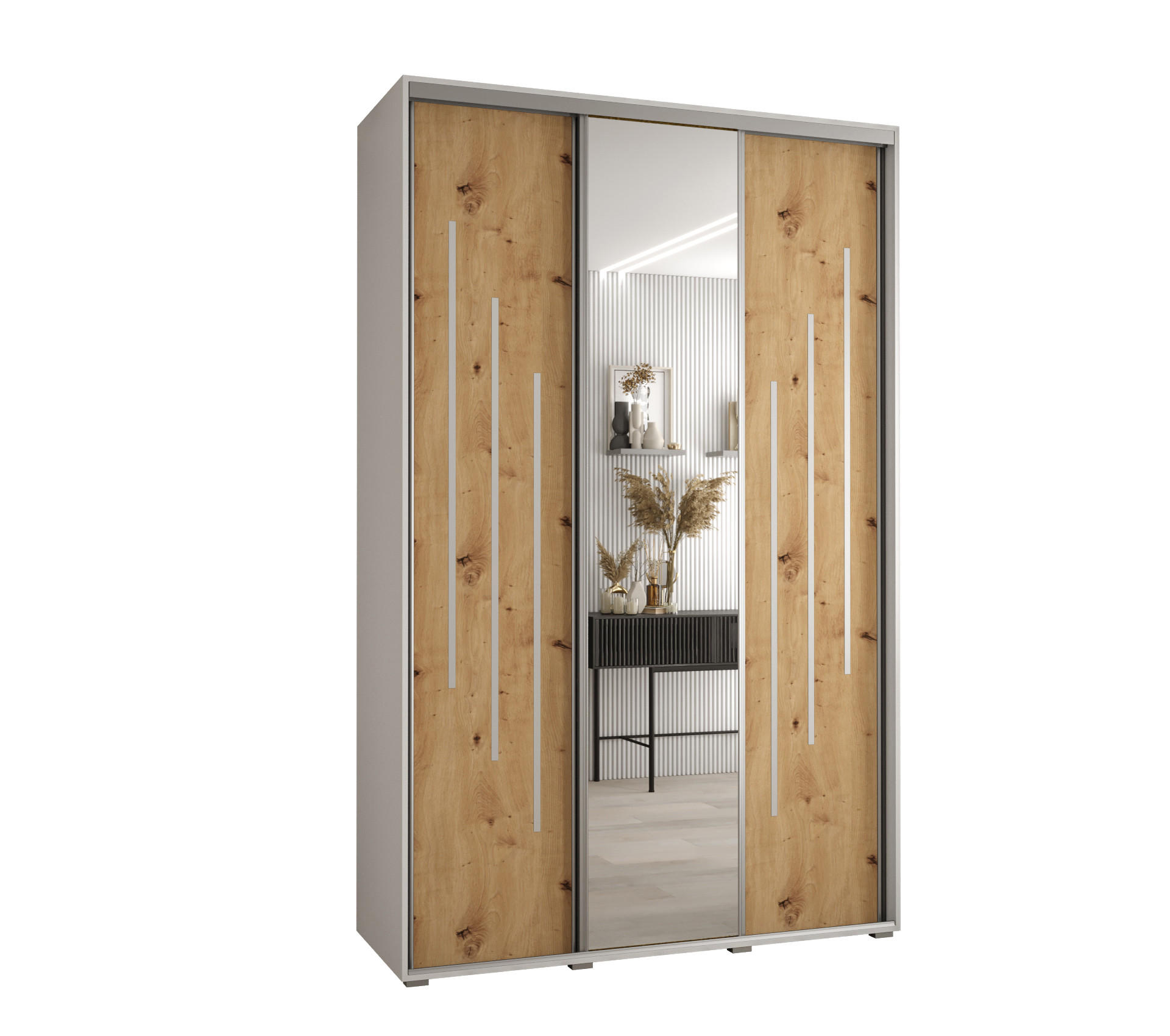 Abiks Möbel Schwebetürenschrank Weiß, Eiche Artisan, Silber 160x235x60 cm