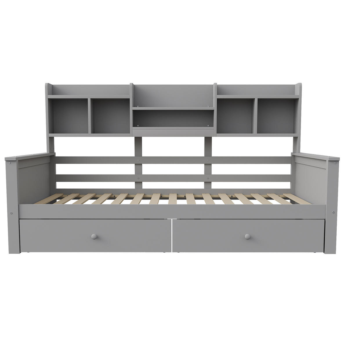 KINDEREINZELBETTEN aus Massivholz 90x200 cm in Grau mit Schubladen & Regalfächern - Grau, Holzwerkstoff (90/200cm) - Modfu