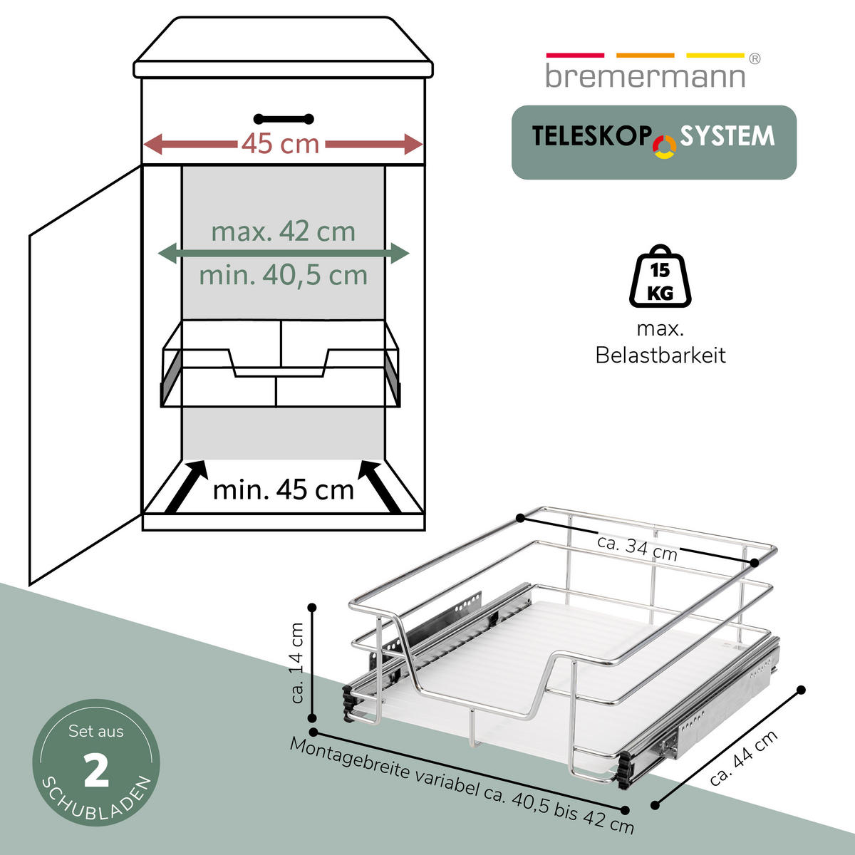 TELESKOPSCHUBLADEN (2er Set), für 45 cm Schrank, Metall, Chrom - Chromfarben, Metall (42/14/44cm) - bremermann