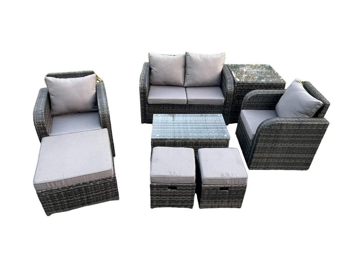 GARTENLOUNGE-SET Polyrattan Dunkelgrau 7-Sitzer - Dunkelgrau, Metall - Fimous