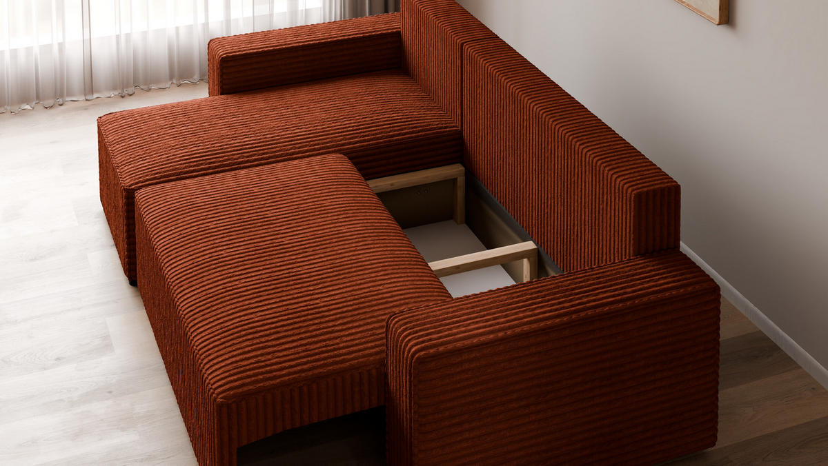 ECKSOFA Tobi mit Bettkasten und Schlaffunktion, L-Form, Cordstoff, Universal - Rostfarben, Holzwerkstoff (246/145cm) - 4ALL HOME