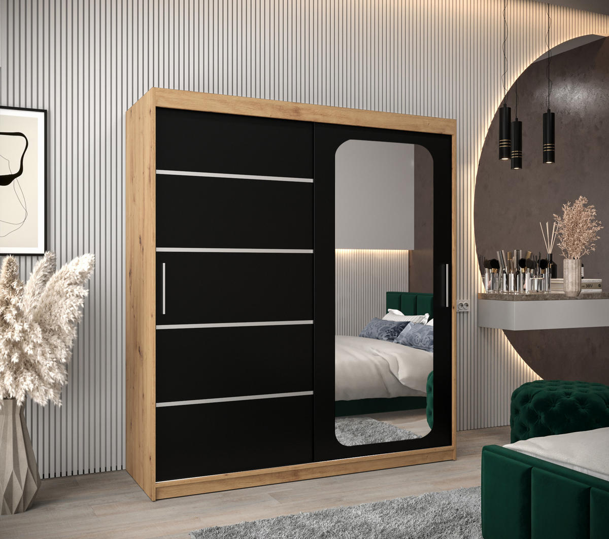 SCHWEBETÜRENSCHRANK 200/180/62 2-türig - Silberfarben/Schwarz, Holz/Kunststoff (180/200/62cm) - Abiks Möbel