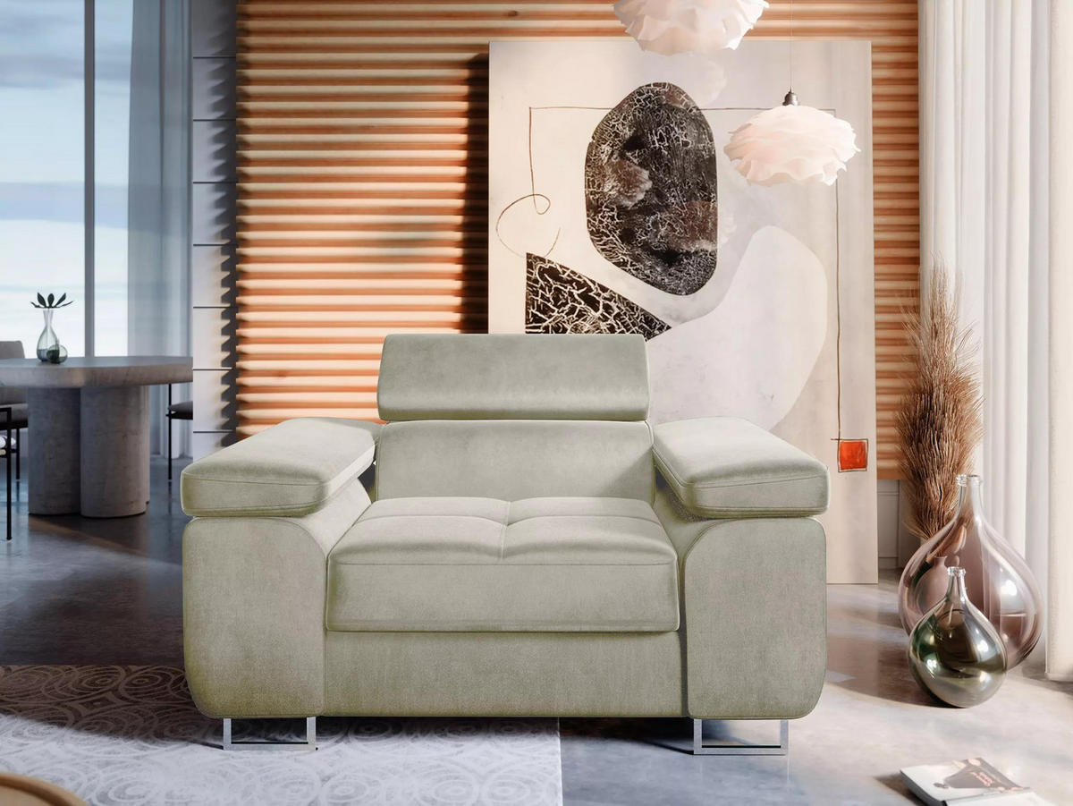 SESSEL WILD mit verstellbare Kopfstütze Velours Beige - Chromfarben/Beige, Holz/Textil (130/90/100cm) - Muffo