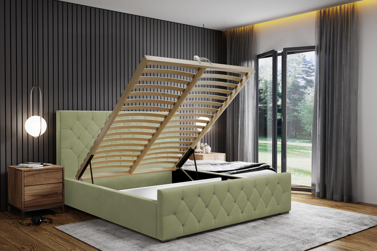 POLSTERBETT Mona I Polsterbett modern, hochwertiger Stoff, Bettkasten, elegantes halbrundes Design 160x200 cm, Seladon. - Schwarz/Hellgrün, Holzwerkstoff/Kunststoff (160/200cm) - DomoHome