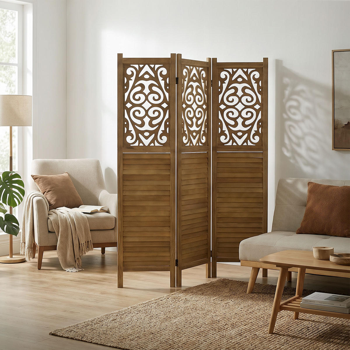 PARAVENT 3dílný Tokio 170x121 cm z přírodního dřeva - hnědá, dřevo (121/170/2cm) - ML-DESIGN