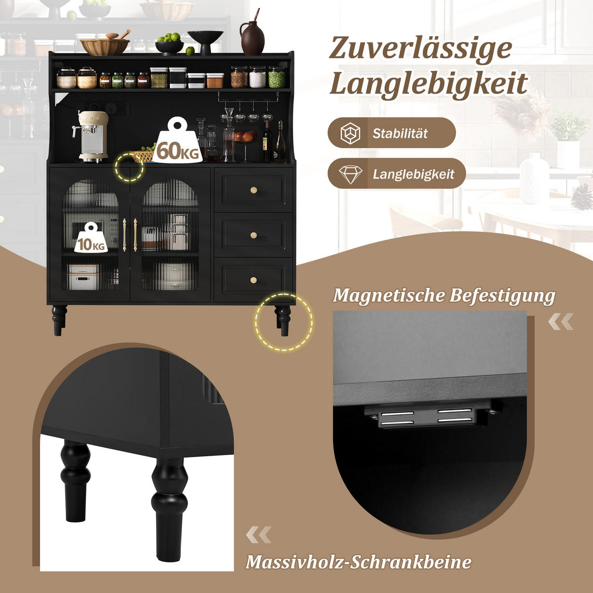 BUFFET in Schwarz mit Weinglashaltern und Stauraum für Esszimmer und Küche, B120/T40/H138.5 cm - Transparent/Schwarz, Glas/Holzwerkstoff (120/138.5/40cm) - STILVORA