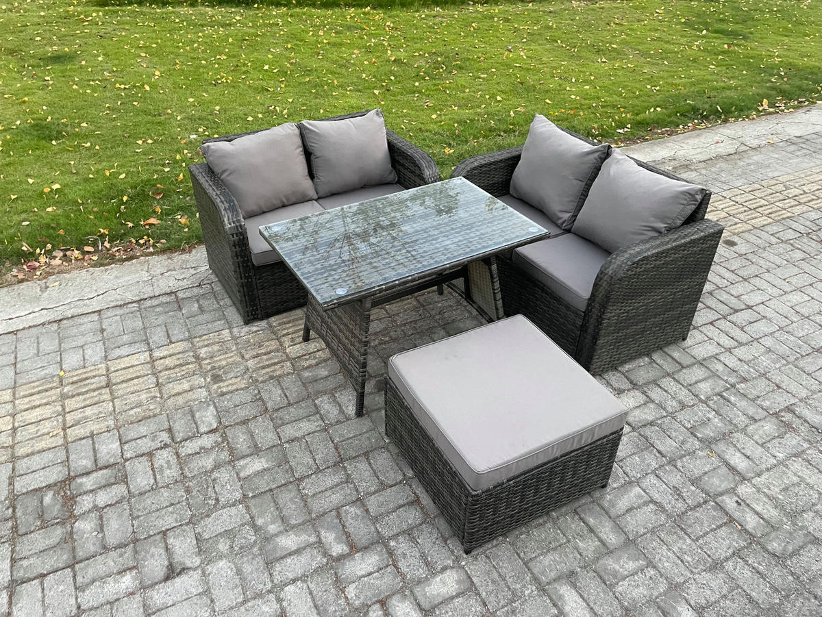 BALKONSET mit ESSTISCH SOFA Polyrattan Dunkelgrau 5-Sitzer - Dunkelgrau/Grau, Glas/Kunststoff - Fimous