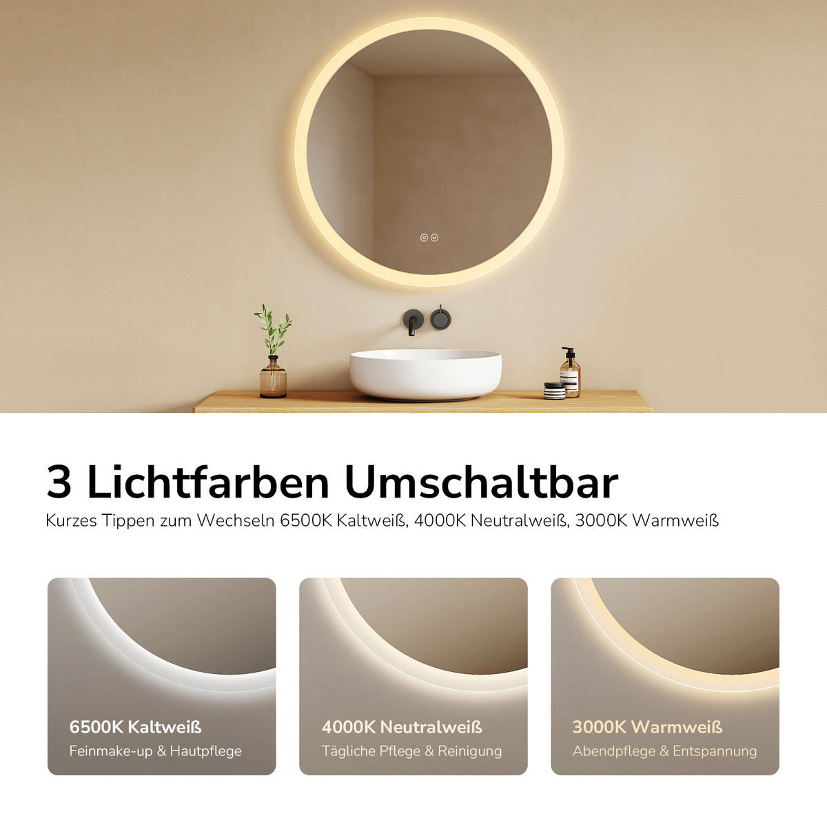 BADSPIEGEL mit Beleuchtung Frontlicht 3 Farbtemperaturen einstellbar Ø70 cm - Transparent, Glas (70/70/3.5cm) - EMKE