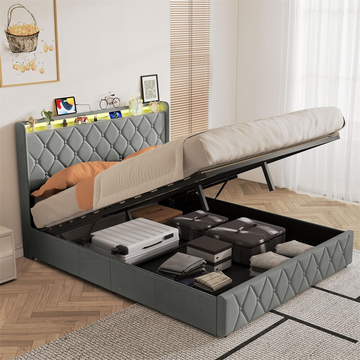 POLSTERBETT 160x200 cm mit hydraulischem Stauraum - Kopfteil Regal & LED - USB - ohne Matratze - Grau - Grau, Textil (160/200cm) - DELFA