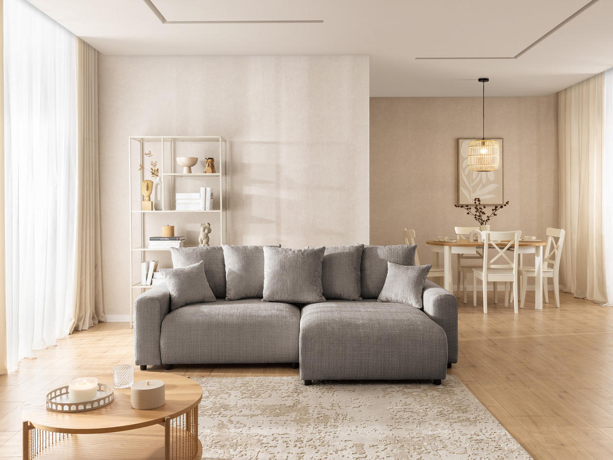 ECKSOFA Calma mit Schlaffunktion und Bettkasten im Bumpy-Design aus weichem Taupe Chenille-Stoff - Ottomane rechts - Taupe/Beige, Holz/Kunststoff (239/140cm) - S-Style Möbel