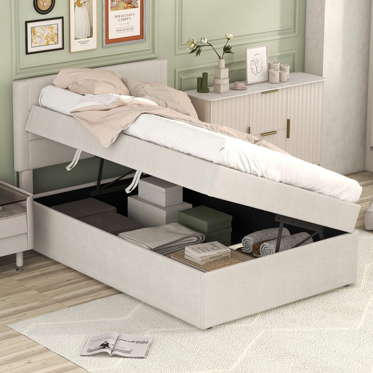 POLSTERBETT 90/200 cm mit Metall-Lattenrost und Stauraum, Beige - Beige, Holzwerkstoff (90/200cm) - Redom