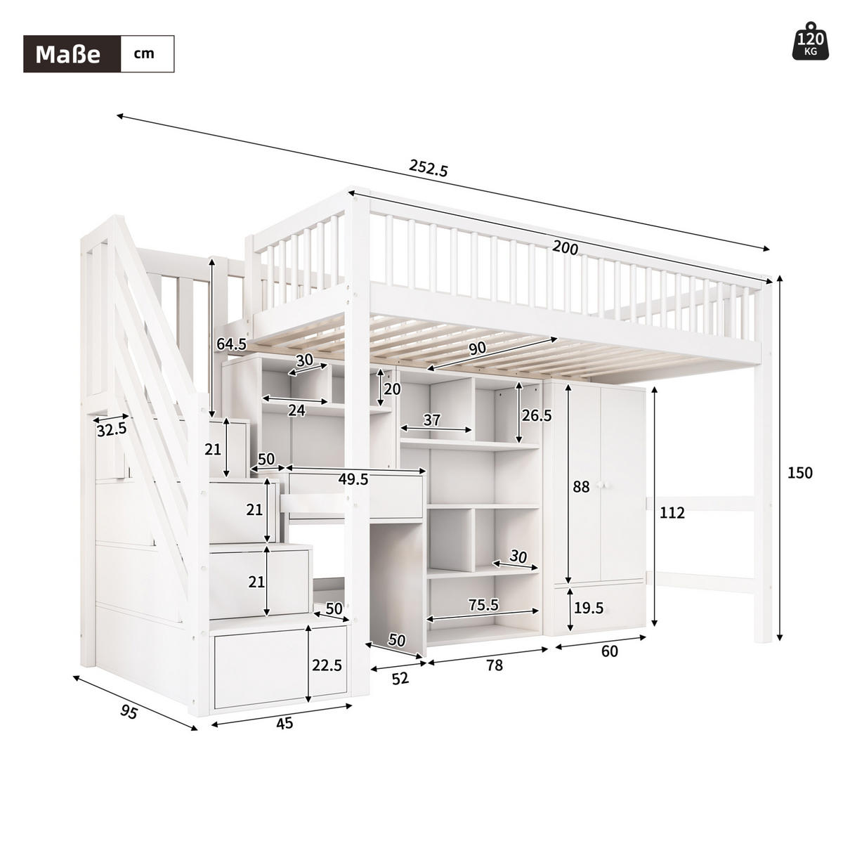 HOCHBETT mit Schreibtisch 90/200 cm in Weiß – mit Stauraum, Treppe und Kleiderschrank - Weiß, Holzwerkstoff (90/200cm) - BEAOK