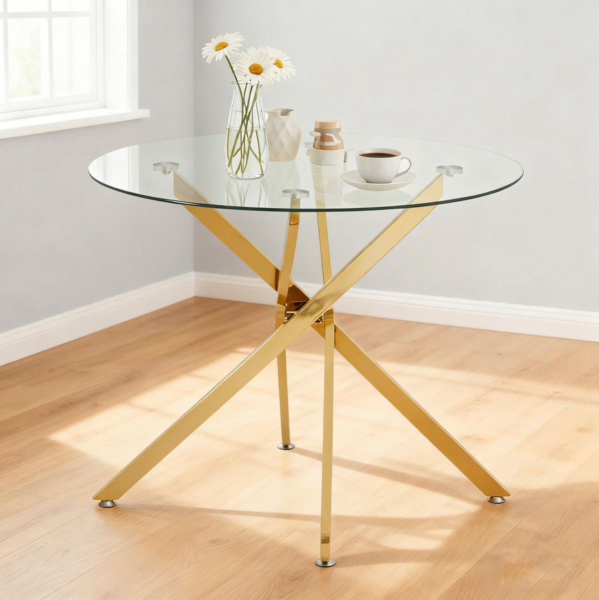 COUCHTISCH aus gehärtetem Glas und Metall in Gold mit verstellbaren Gleitern - Goldfarben, Glas (80/80/76cm) - Modfu