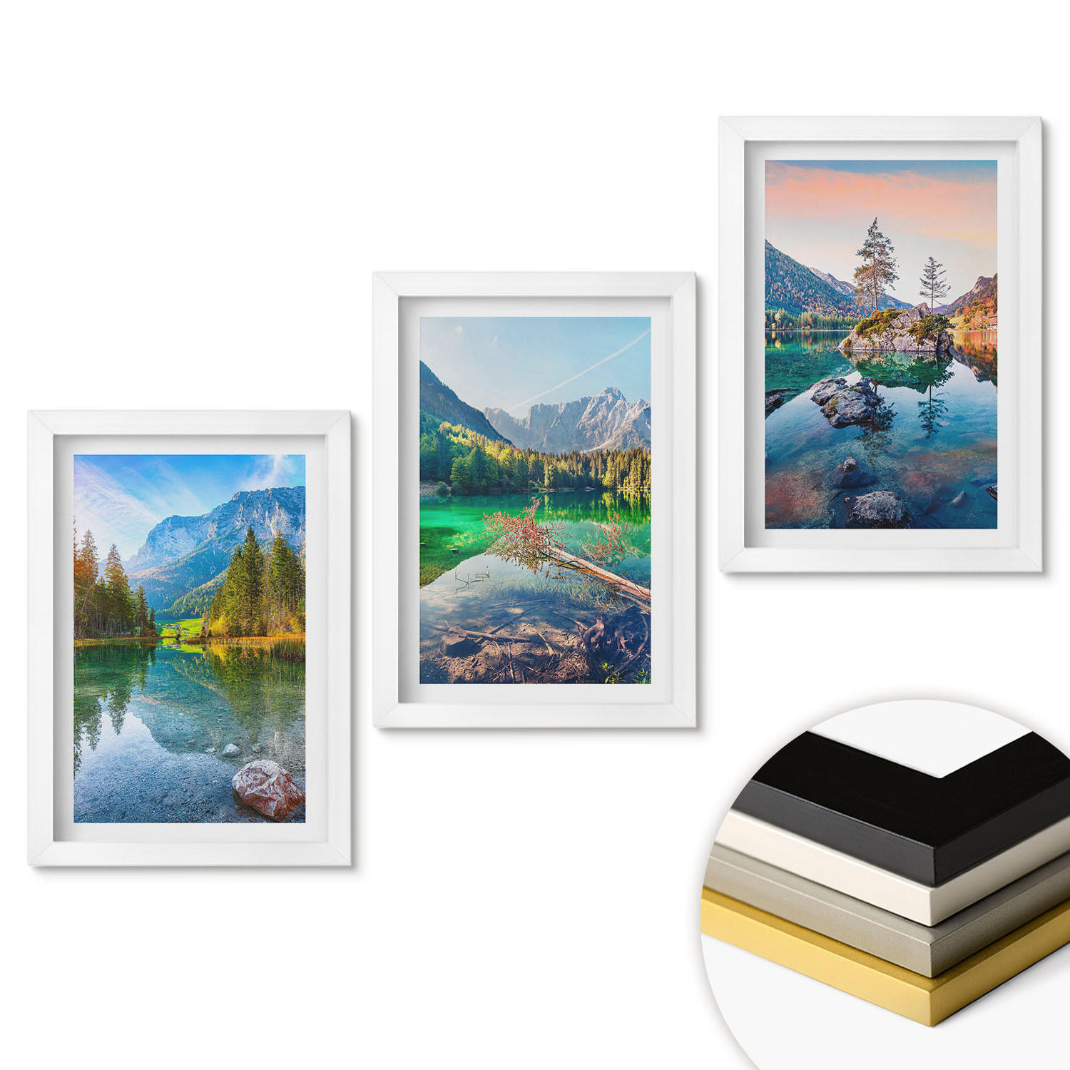 WANDBILDER 3er-Set - 20x30 cm Weißer Rahmen - Naturlandschaft der Bergseen - Weiß, Kunststoff (20/30cm) - ArtPrintCave