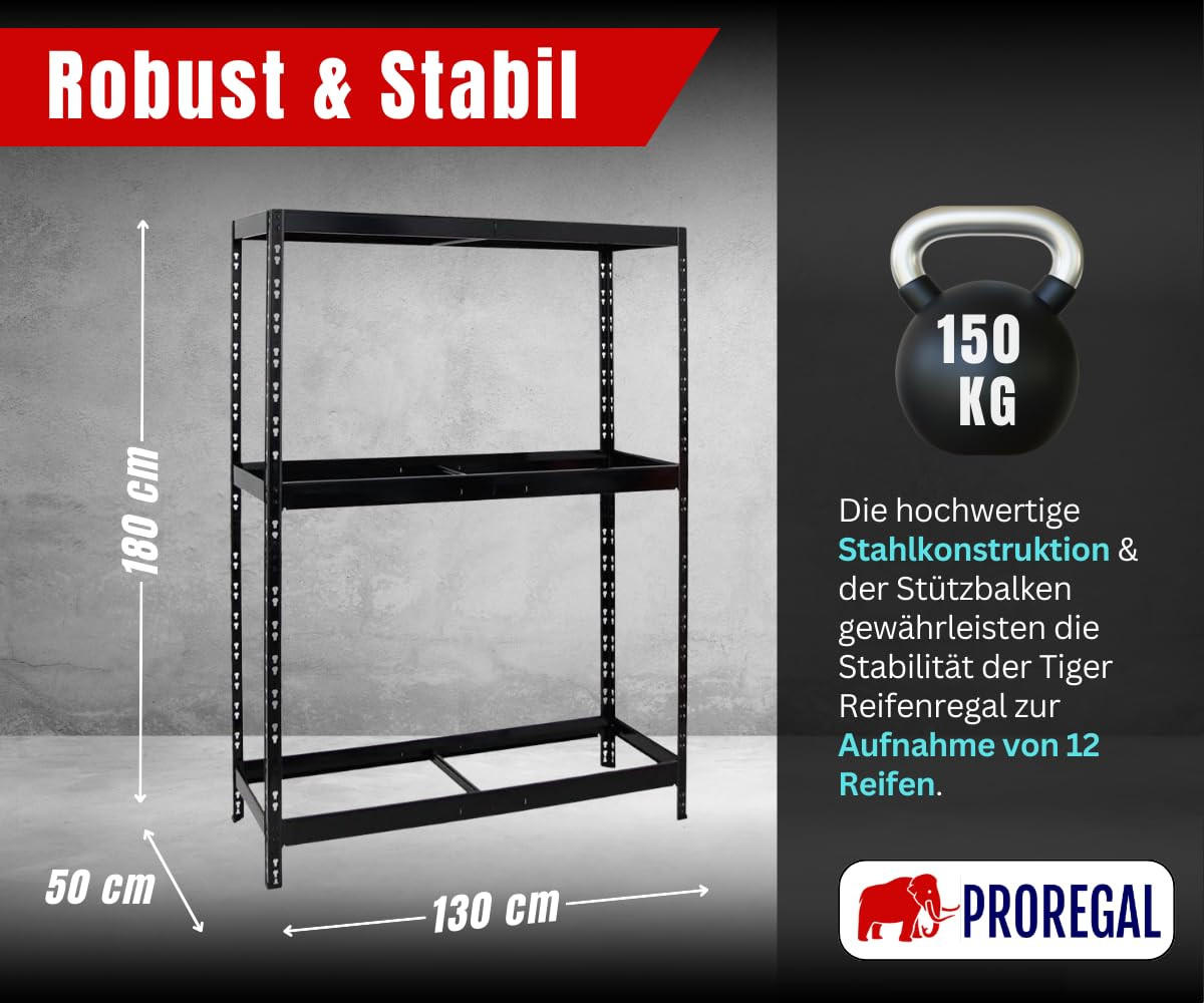 REIFENREGAL Tiger 180x130x50 cm bis zu 12 Reifen auf 2 Ebenen + Ablage Schwarz - Schwarz, Metall (130/180/50cm) - PROREGAL