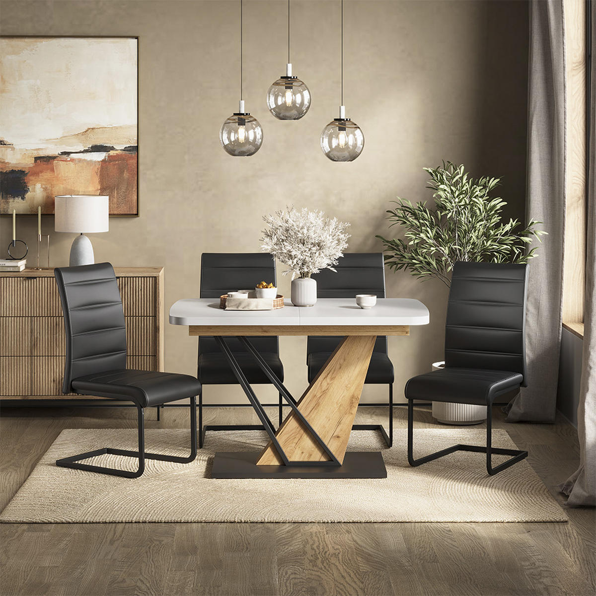 SÚPRAVA JEDÁLENSKÉHO STOLA Fenaro, biely/Dub Goldkraft, 120 x 80 cm so 4 jedálenskými stoličkami, čierne - biela/dub medový, kompozitné drevo (120/76/80cm) - Vicco