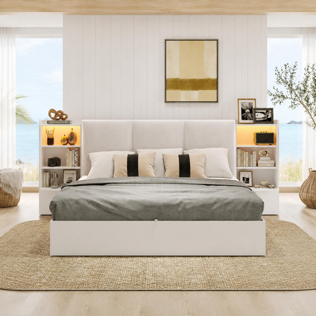 POLSTERBETT 180/200 mit Bettkasten, LED und 6 Staufächern in Weiß - Beige/Weiß, Holzwerkstoff/Textil (180/200cm) - EVRYAE