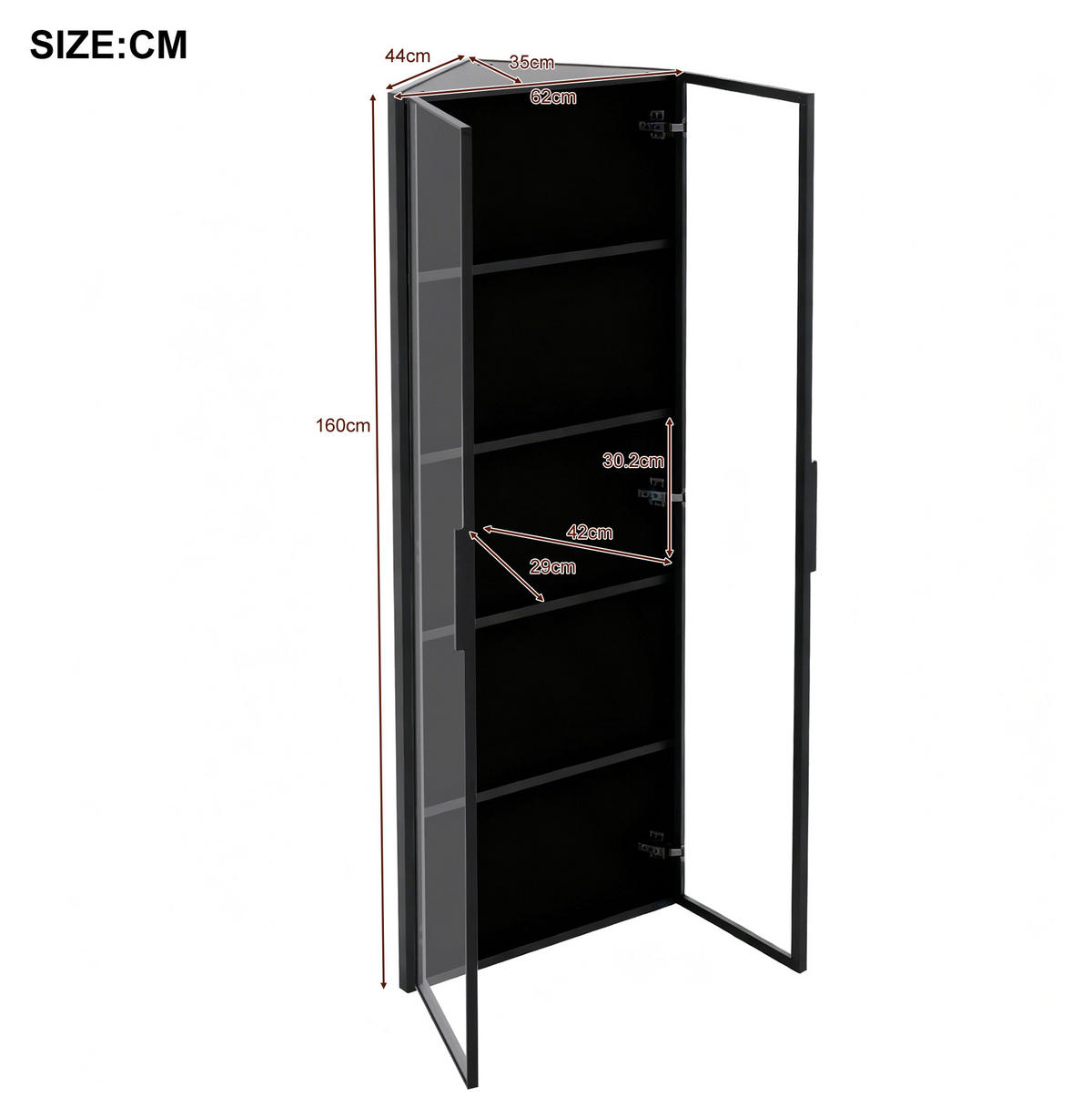ECKVITRINE aus MDF und Sicherheitsglas 62x35x160 cm Schwarz mit LED-Beleuchtung - Schwarz, Holzwerkstoff (62/160/35cm) - IVMEU
