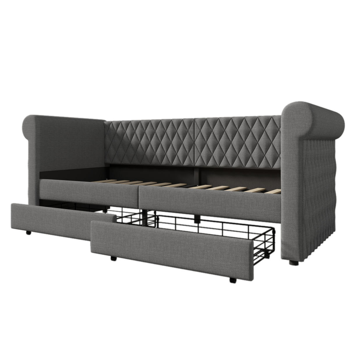 BETT Vintage Kopfteil mit 2 Schubladen Grau Leinen 90/200 cm - Grau, Textil (90/200cm) - OKWISH