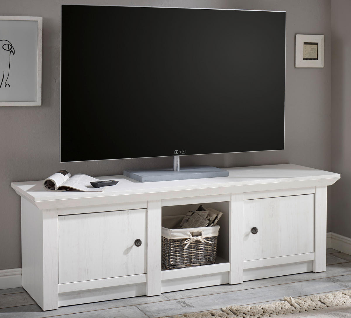 TV-LOWBOARD Pinie weiß 152 x 51 cmm TV-Unterteil im Landhaus-Stil - Schwarz/Weiß, Holzwerkstoff/Metall (152/51/45cm) - Furn.Design