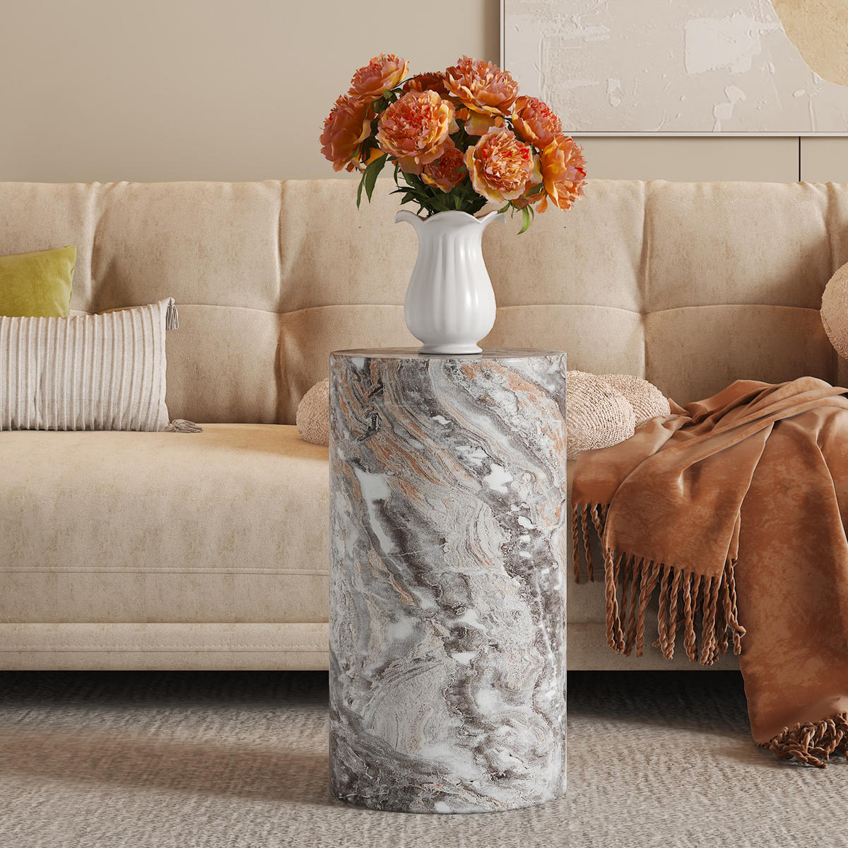 COUCHTISCH rund 30/30/55 cm Grau in Marmoroptik aus MDF wasserabweisend - Grau, Holzwerkstoff (30/30/55cm) - OKWISH