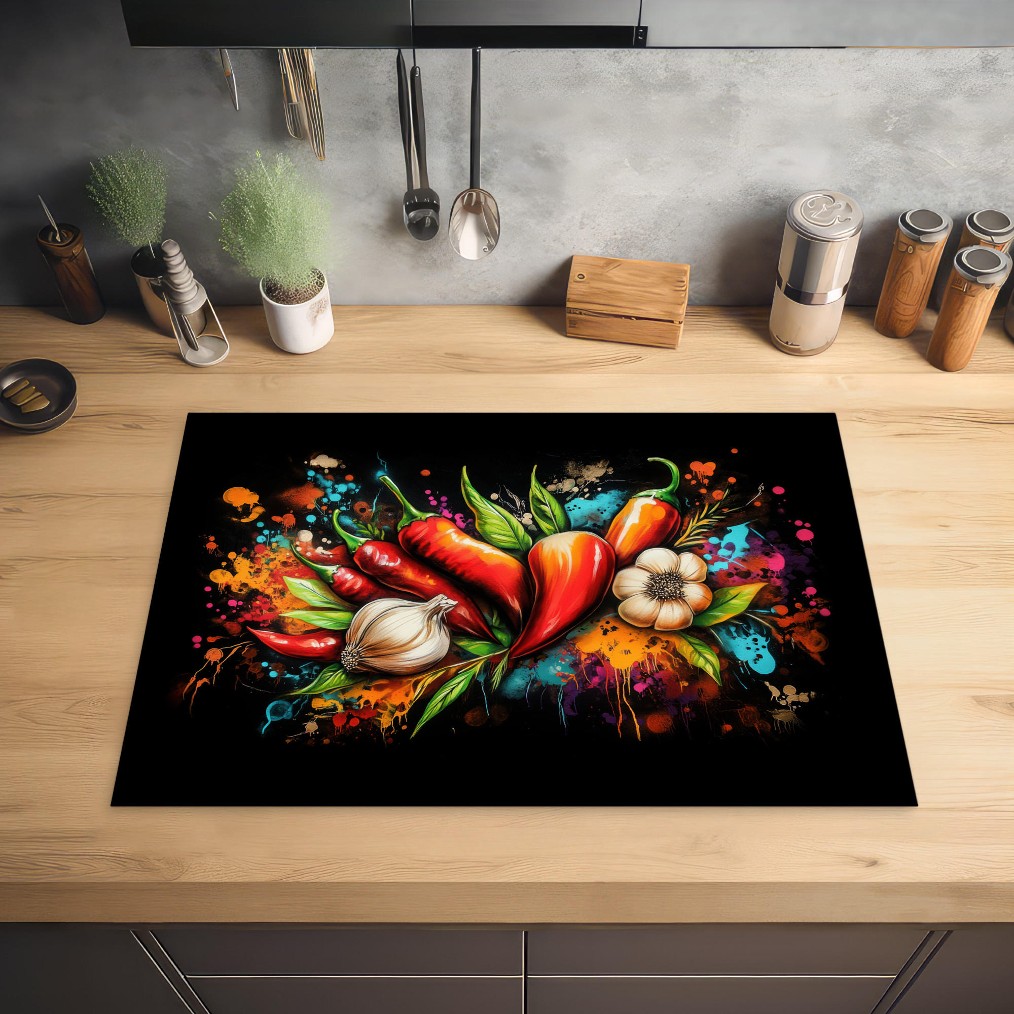 HERDABDECKPLATTE Gemüse - Paprika - Knoblauch - Graffiti - Farbe - Bunt 75x52 cm - Rot, Kunststoff (75/0.2/52cm) - MuchoWow