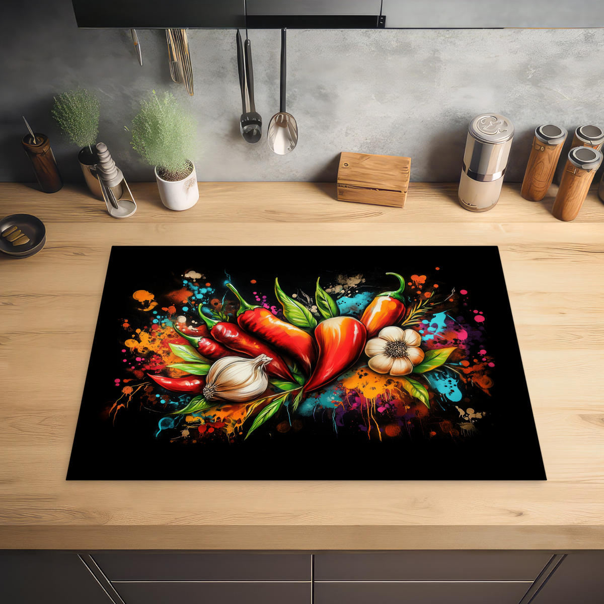 HERDABDECKPLATTE Gemüse - Paprika - Knoblauch - Graffiti - Farbe - Bunt 75x52 cm - Rot, Kunststoff (75/0.2/52cm) - MuchoWow