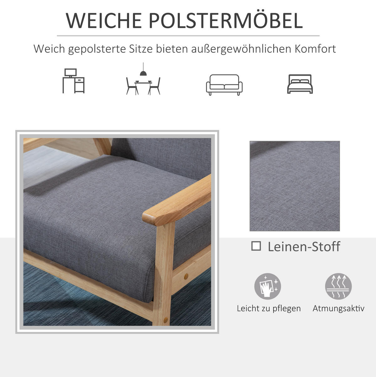 LOUNGESESSEL Leinenoptik mit Holzgestell, 2 Polstern 64/70/72 cm Grau - Grau, Textil (70/72/64cm) - Redom