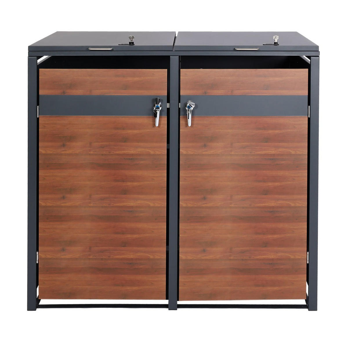 MÜLLTONNENBOX 2er 117x132x80cm Anthrazit Kirsche-Holzoptik Dunkelbraun - Kirschbaumfarben, Metall (132/117/80cm) - PROREGAL