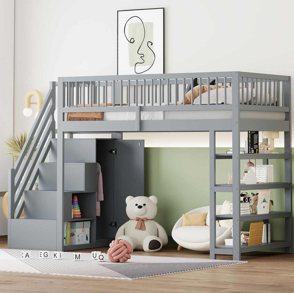 HOCHBETT 90/200 cm aus Massivholz mit Kleiderschrank und Regalen Grau - Grau, Holz (90/200cm) - Modenvie