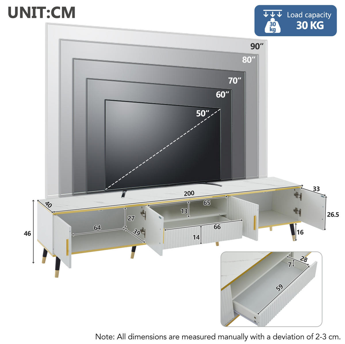 TV-SCHRANK mit Stauraum 200 x 40 x 46 cm Weiß in Marmoroptik - Weiß, Holzwerkstoff (40/46/200cm) - Beauniv