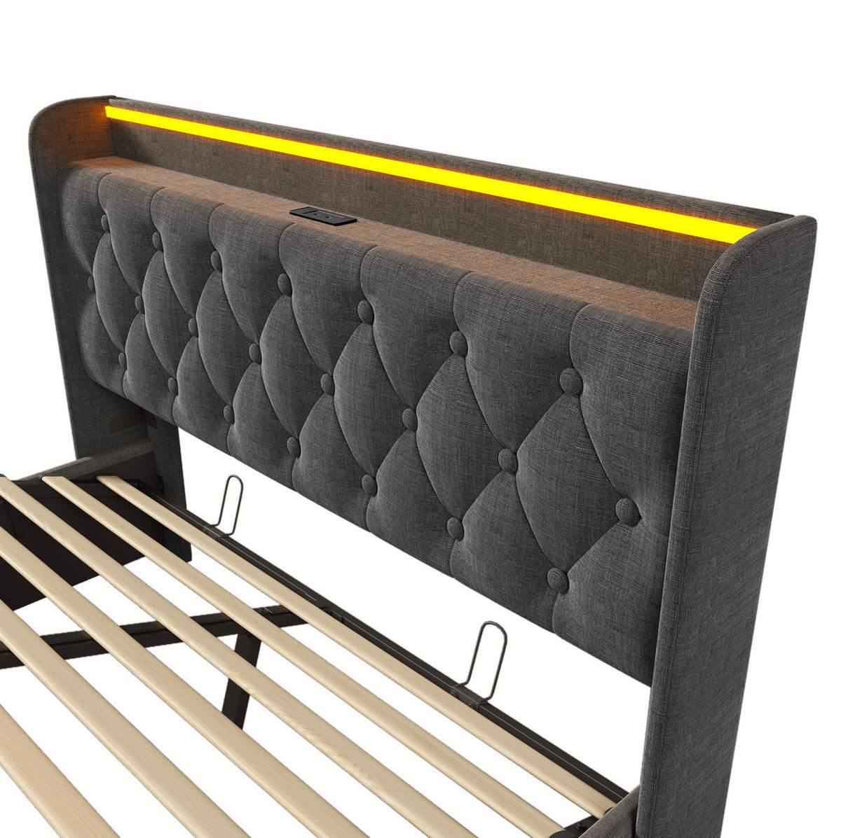 POLSTERBETT aus Leinen 140x200 cm Grau mit LED & Matratze - Grau, Textil (140/200cm) - Modfu