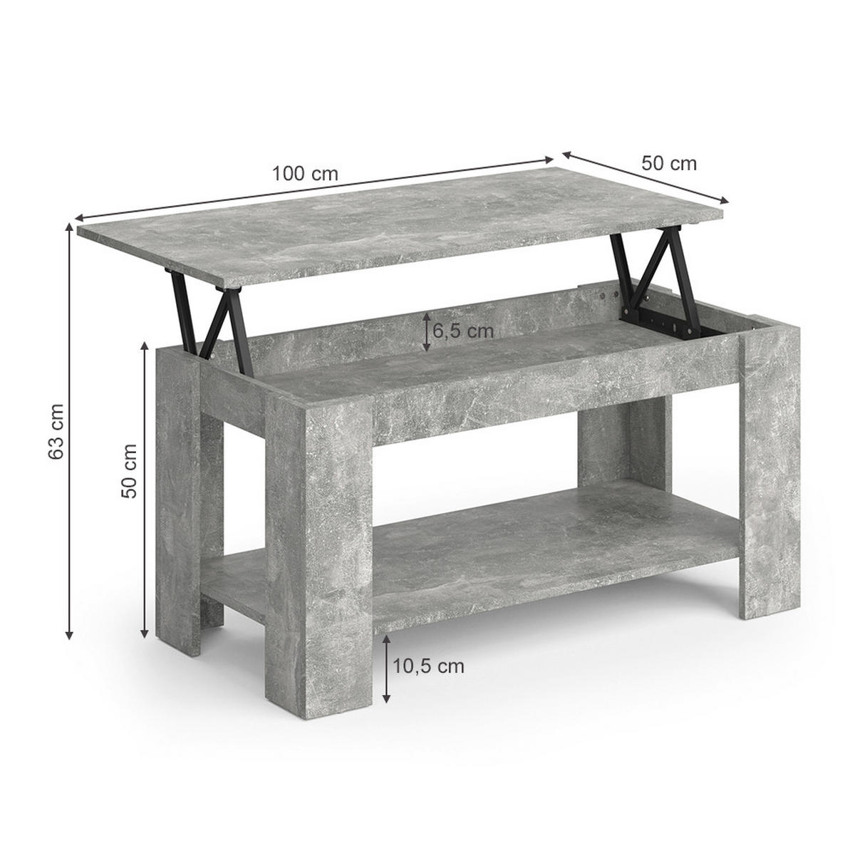 COUCHTISCH Lorenz Beton 100 x 50 cm mit Liftfunktion - Grau, Holzwerkstoff (50/100/50cm) - Vicco