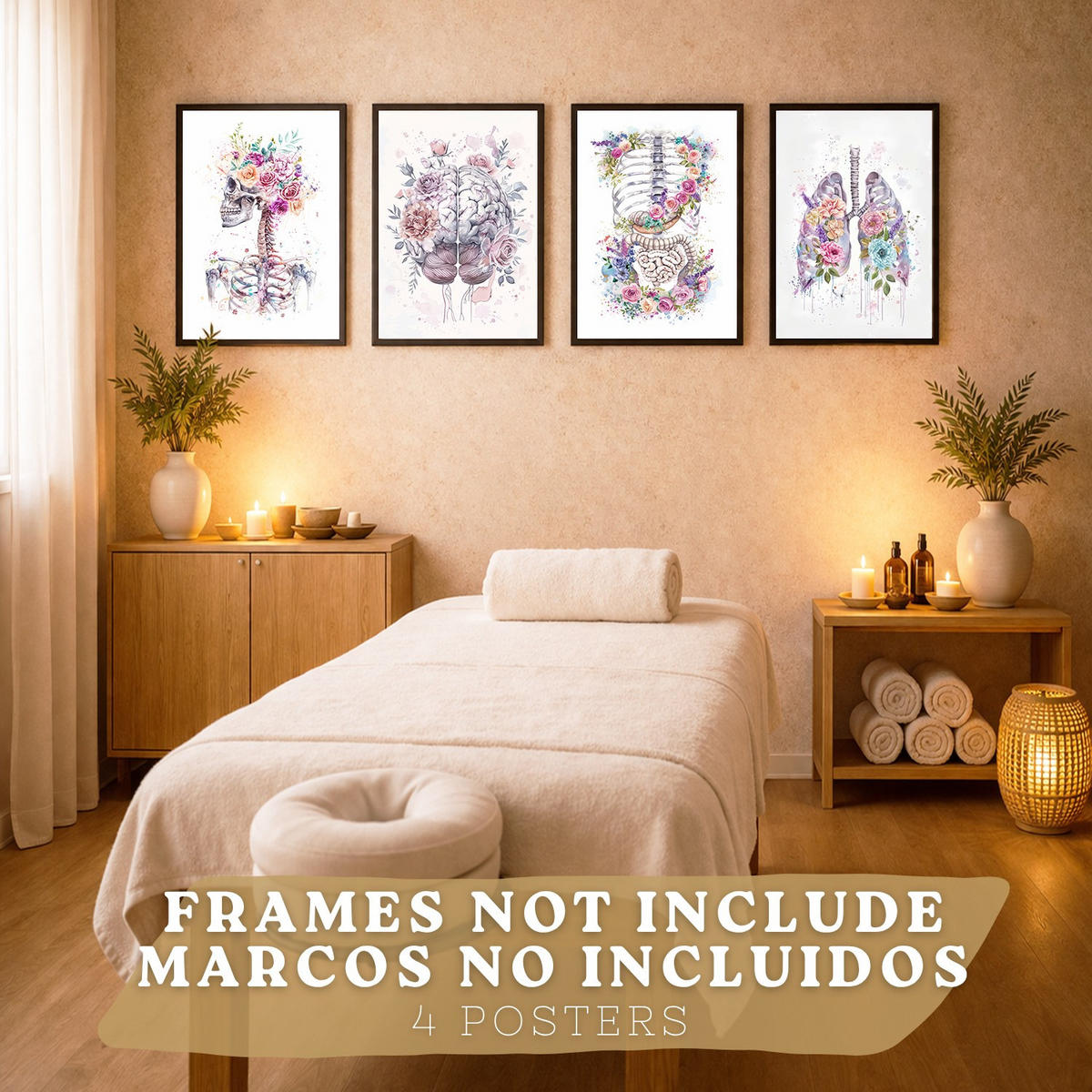 POSTER Set aus 4 Anatomie Mensch Drucke und Wandbilder mit Schädel Lungen Verdauungssystem und Gehirn Florales Aquarell Design Größe Rahmenlos A4 - Klar, Papier (21/29.7/3cm) - Nacnic