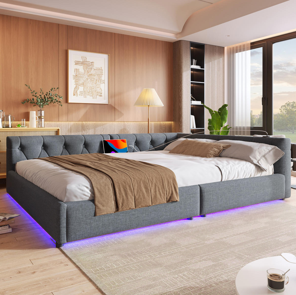 POLSTERBETT aus Leinen und MDF 140x200 cm Grau mit LED-Beleuchtung, USB- und Type-C-Anschluss, Knopfheftung - Grau, Textil (140/200cm) - Modfu