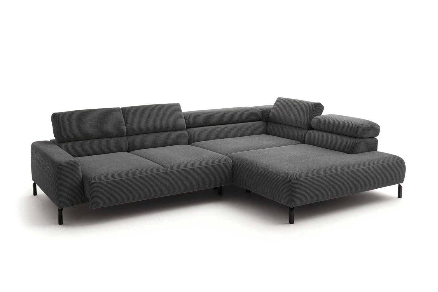 ECKSOFA DELIA Grau Cord Relaxfunktion - Schwarz/Grau, Textil/Metall (276/219cm) - KAWOLA