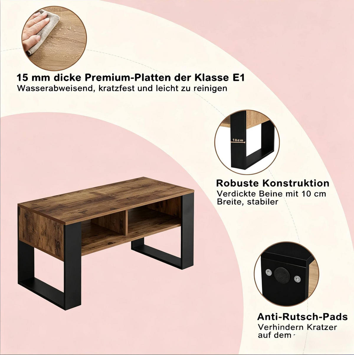 COUCHTISCH aus Holz 90x45x45 cm Schwarz/Rustikalbraun mit 2 offenen Fächern - Schwarz, Holz (90/45/45.5cm) - IVMEU